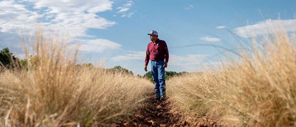 Man walking through field 